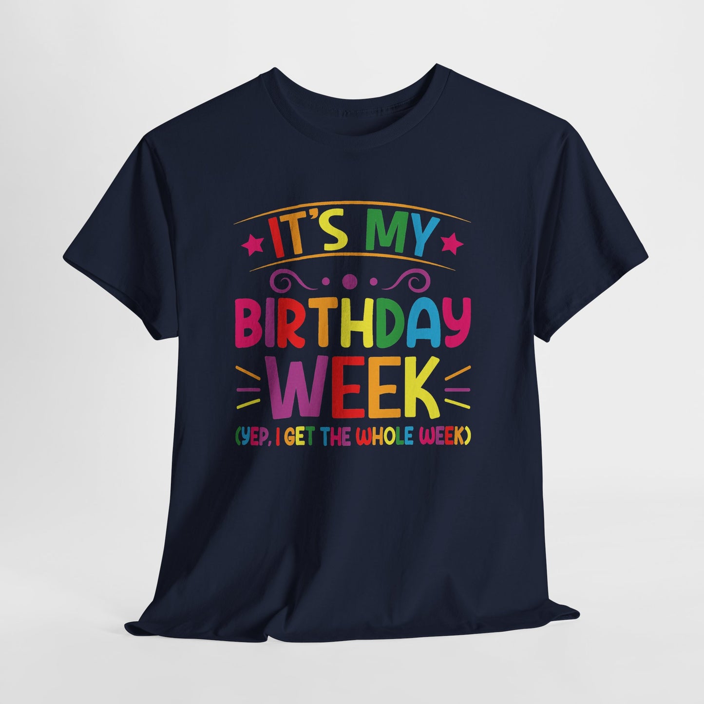 It's My Birthday Week Rainbow t-shirt, flat lay