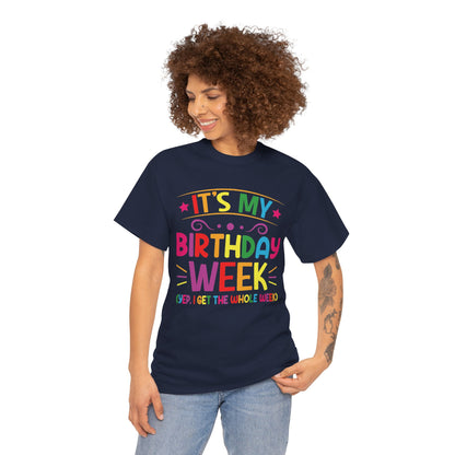 Woman wearing the It's My Birthday Week Rainbow t-shirt