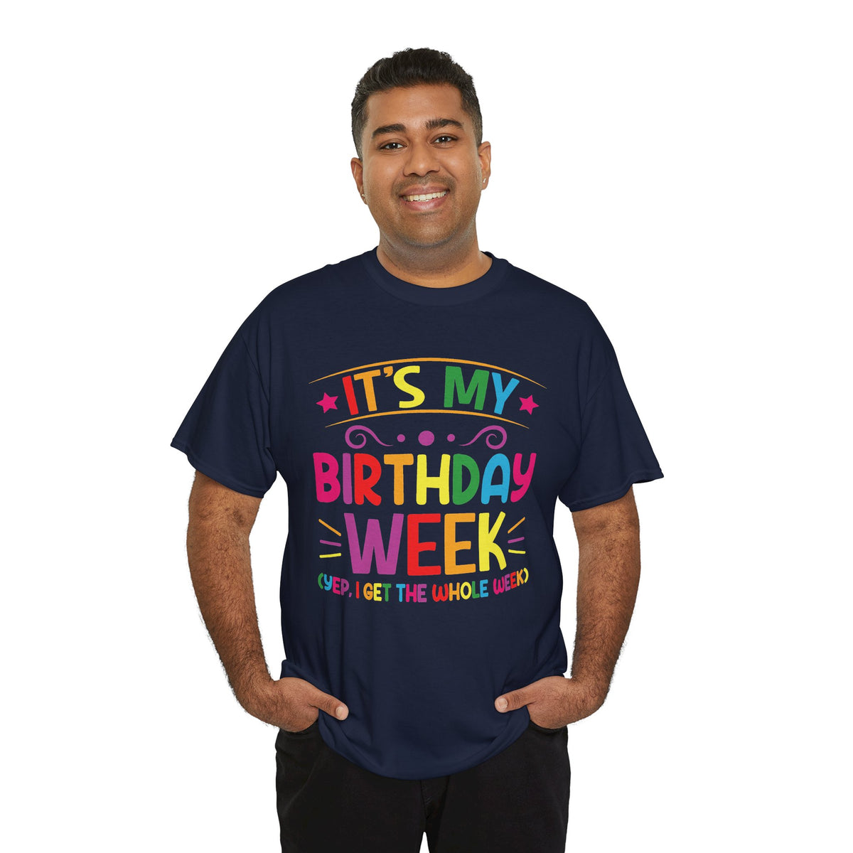 Man wearing the It's My Birthday Week Rainbow t-shirt