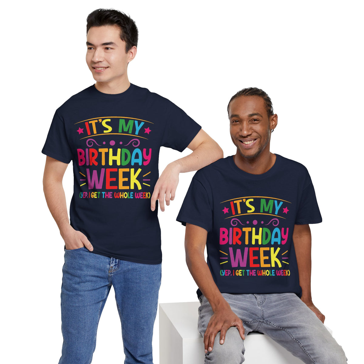 Two men wearing the It's My Birthday Week Rainbow t-shirt