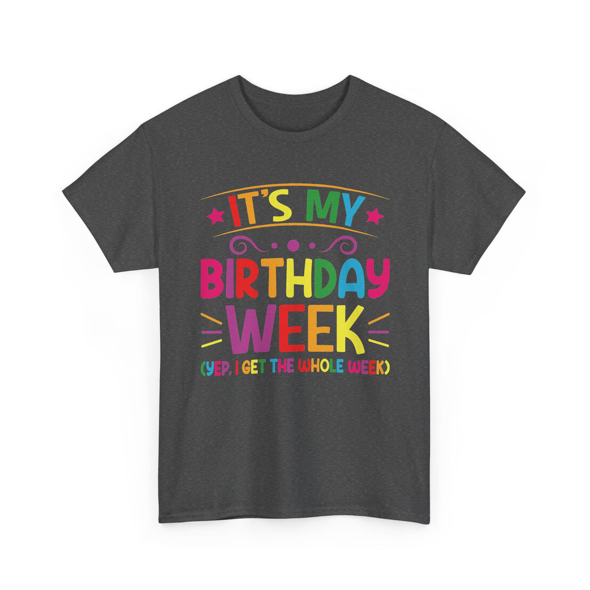 Dark Heather It's My Birthday Week Rainbow t-shirt, front view