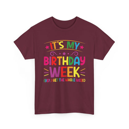 Maroon It's My Birthday Week Rainbow t-shirt, front view