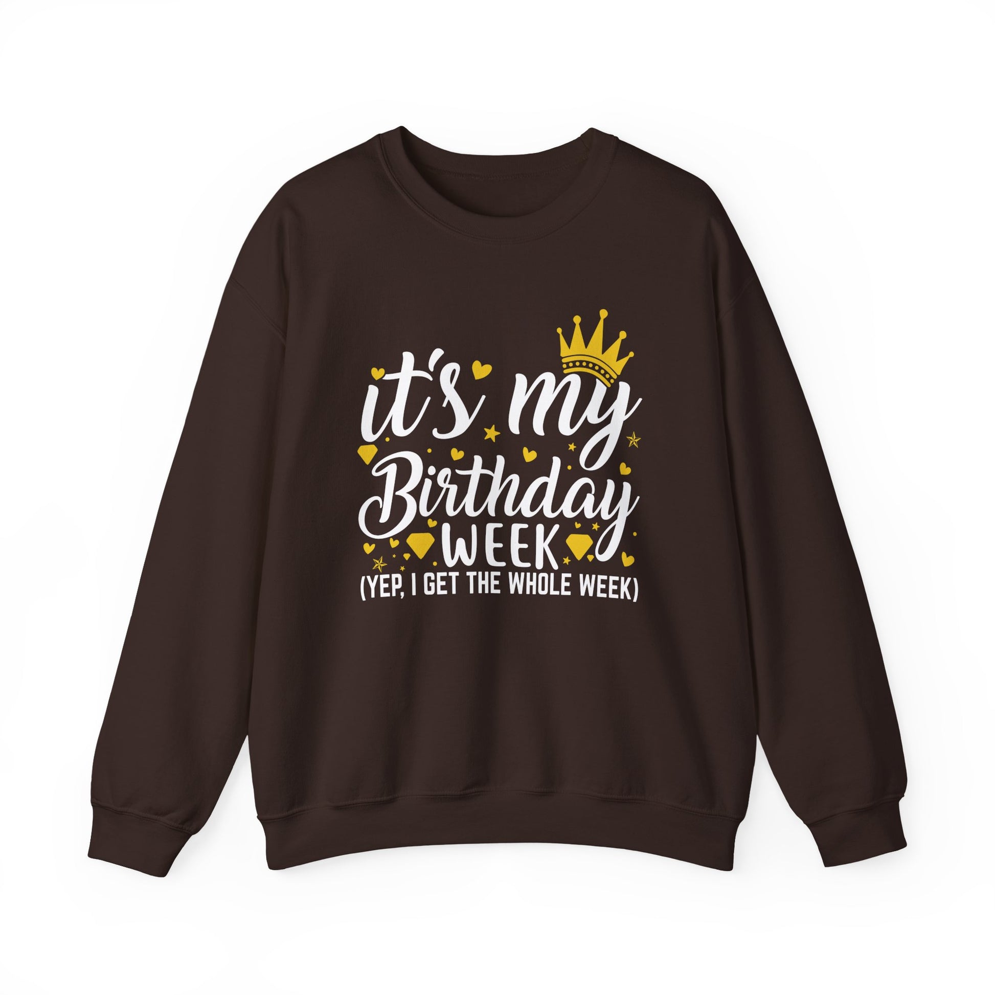 Dark Chocolate It's My Birthday Week sweatshirt with gold crown, front view