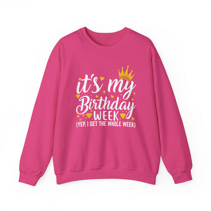 Heliconia It's My Birthday Week sweatshirt with gold crown, front view