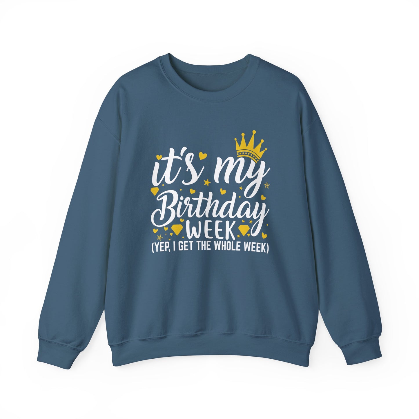 Indigo Blue It's My Birthday Week sweatshirt with gold crown, front view