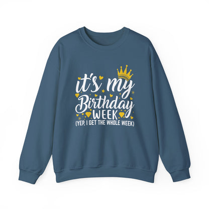 Indigo Blue It's My Birthday Week sweatshirt with gold crown, front view