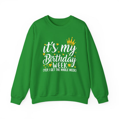 Irish Green It's My Birthday Week sweatshirt with gold crown, front view