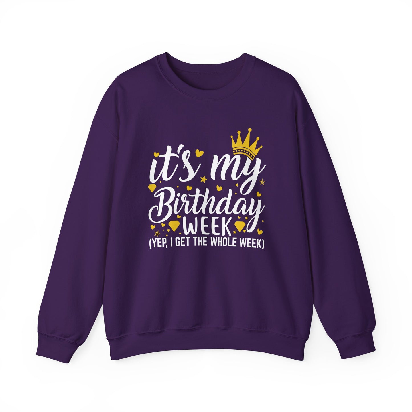 Purple It's My Birthday Week sweatshirt with gold crown, front view