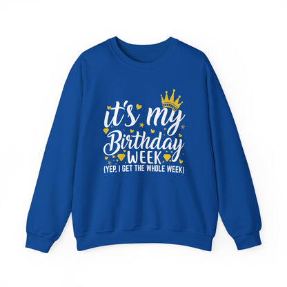 Royal It's My Birthday Week sweatshirt with gold crown, front view