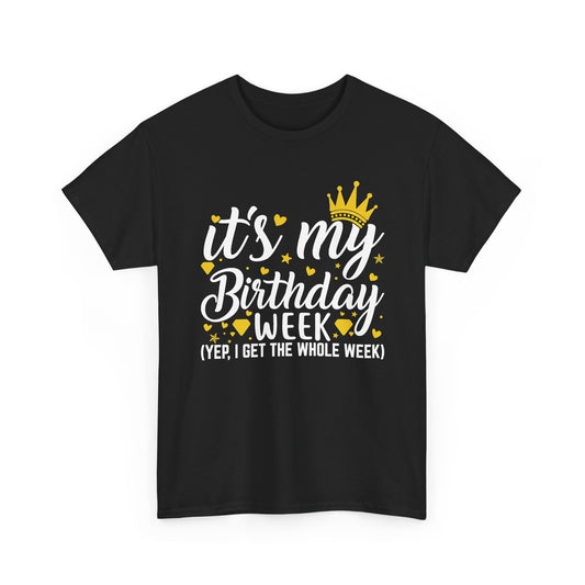 Black It's My Birthday Week t-shirt with gold crown, front view