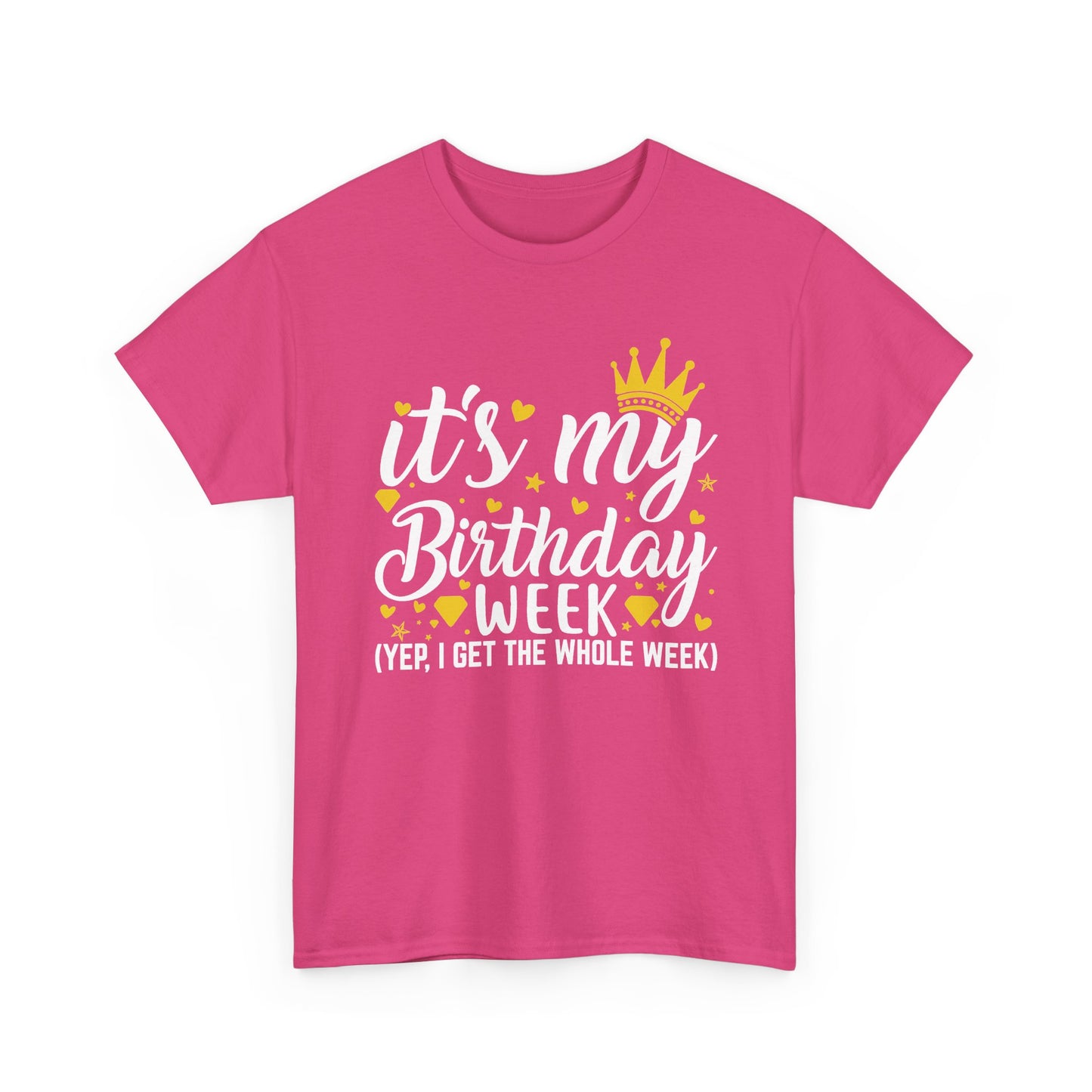 Heliconia It's My Birthday Week t-shirt with gold crown, front view