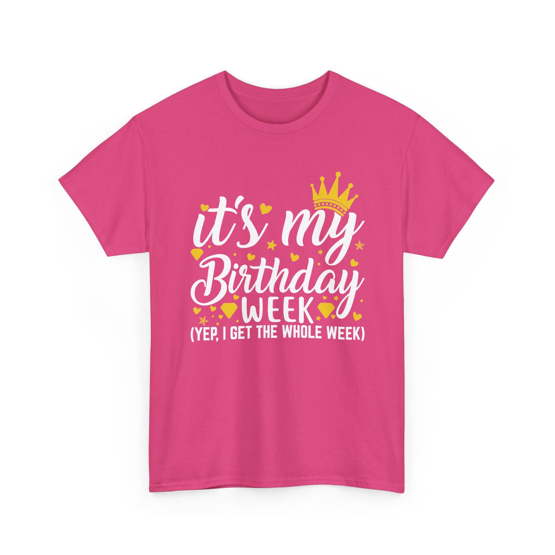 Heliconia It's My Birthday Week t-shirt with gold crown, front view