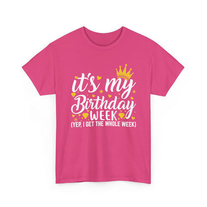 Heliconia It's My Birthday Week t-shirt with gold crown, front view