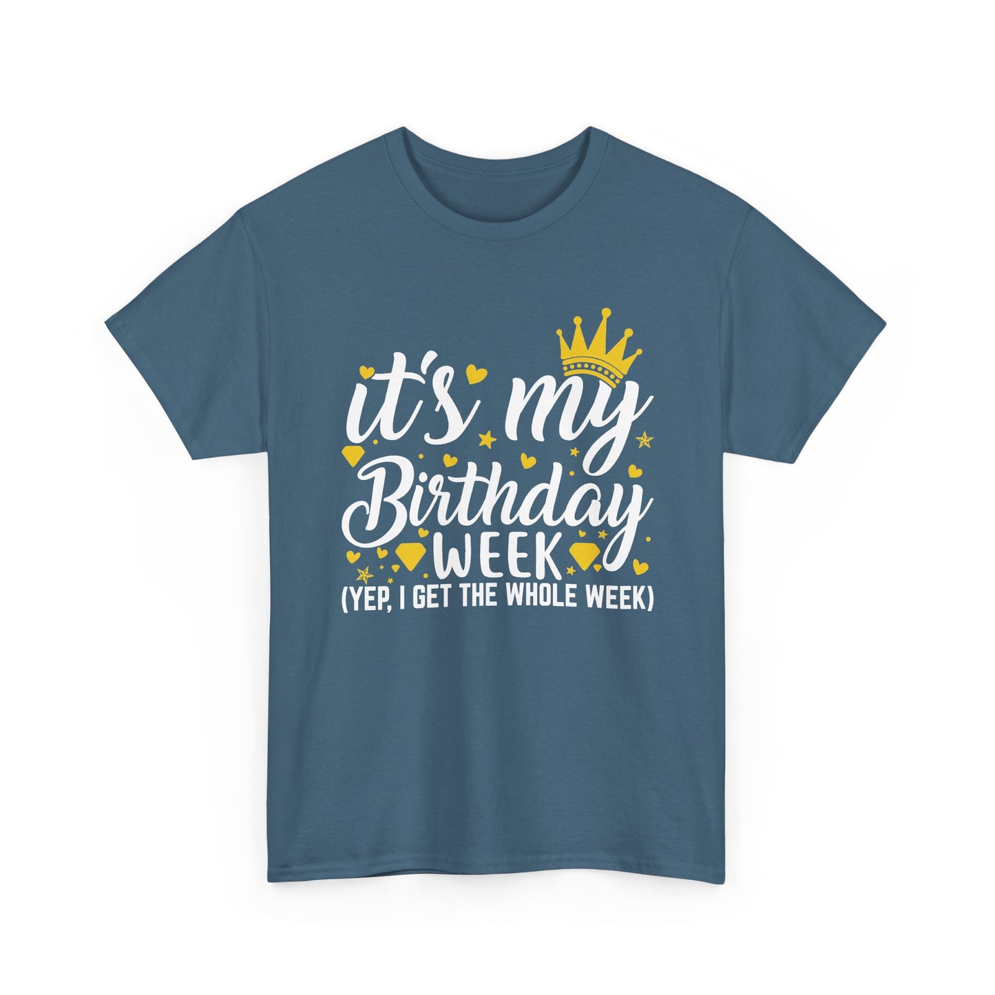 Indigo Blue It's My Birthday Week t-shirt with gold crown, front view