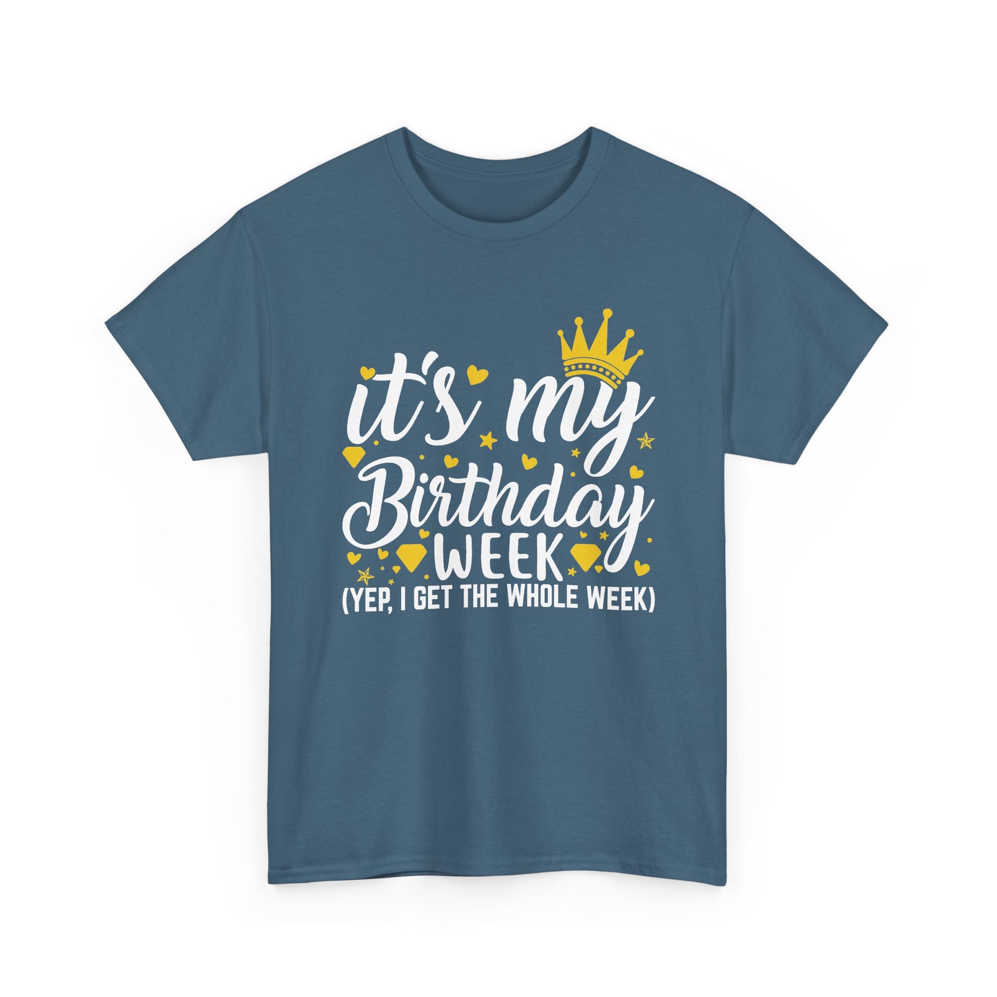 Indigo Blue It's My Birthday Week t-shirt with gold crown, front view