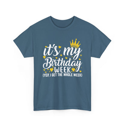Indigo Blue It's My Birthday Week t-shirt with gold crown, front view