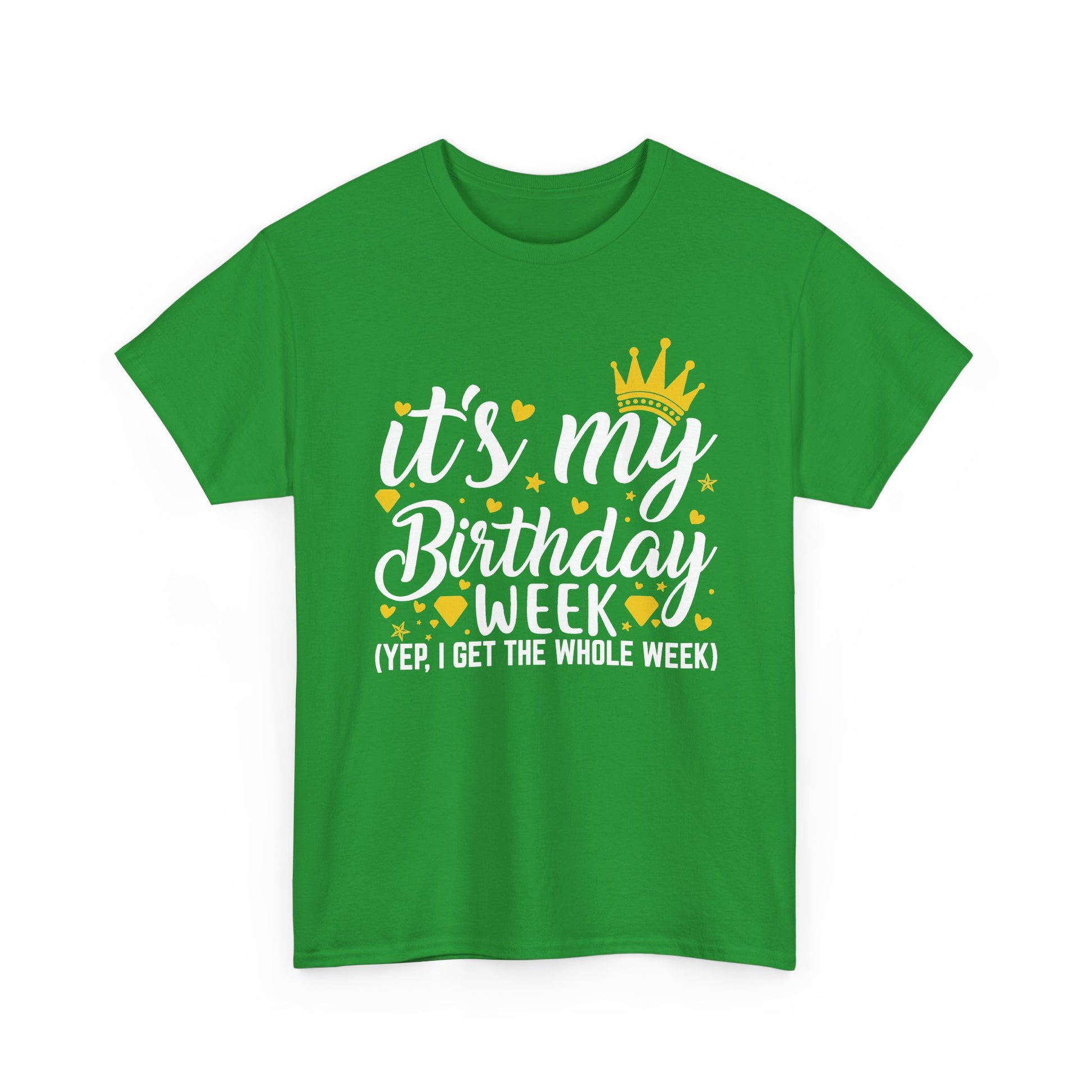 Irish Green It's My Birthday Week t-shirt with gold crown, front view