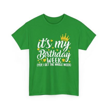 Irish Green It's My Birthday Week t-shirt with gold crown, front view