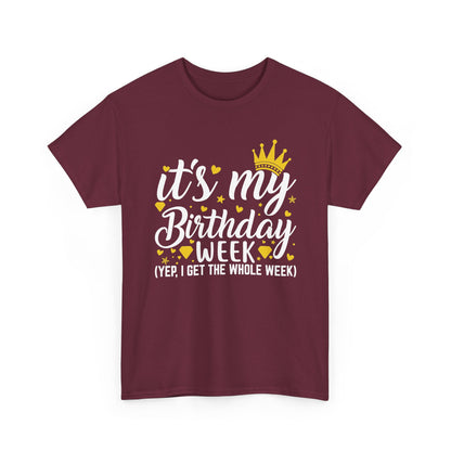 Maroon It's My Birthday Week t-shirt with gold crown, front view