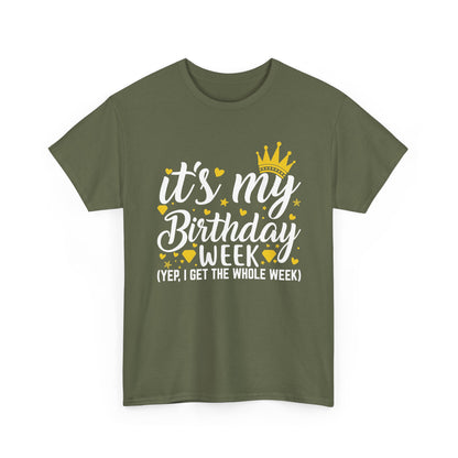 Military Green It's My Birthday Week t-shirt with gold crown, front view