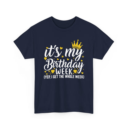 Navy It's My Birthday Week t-shirt with gold crown, front view