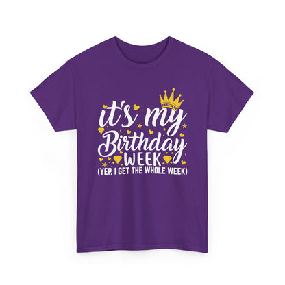 Purple It's My Birthday Week t-shirt with gold crown, front view