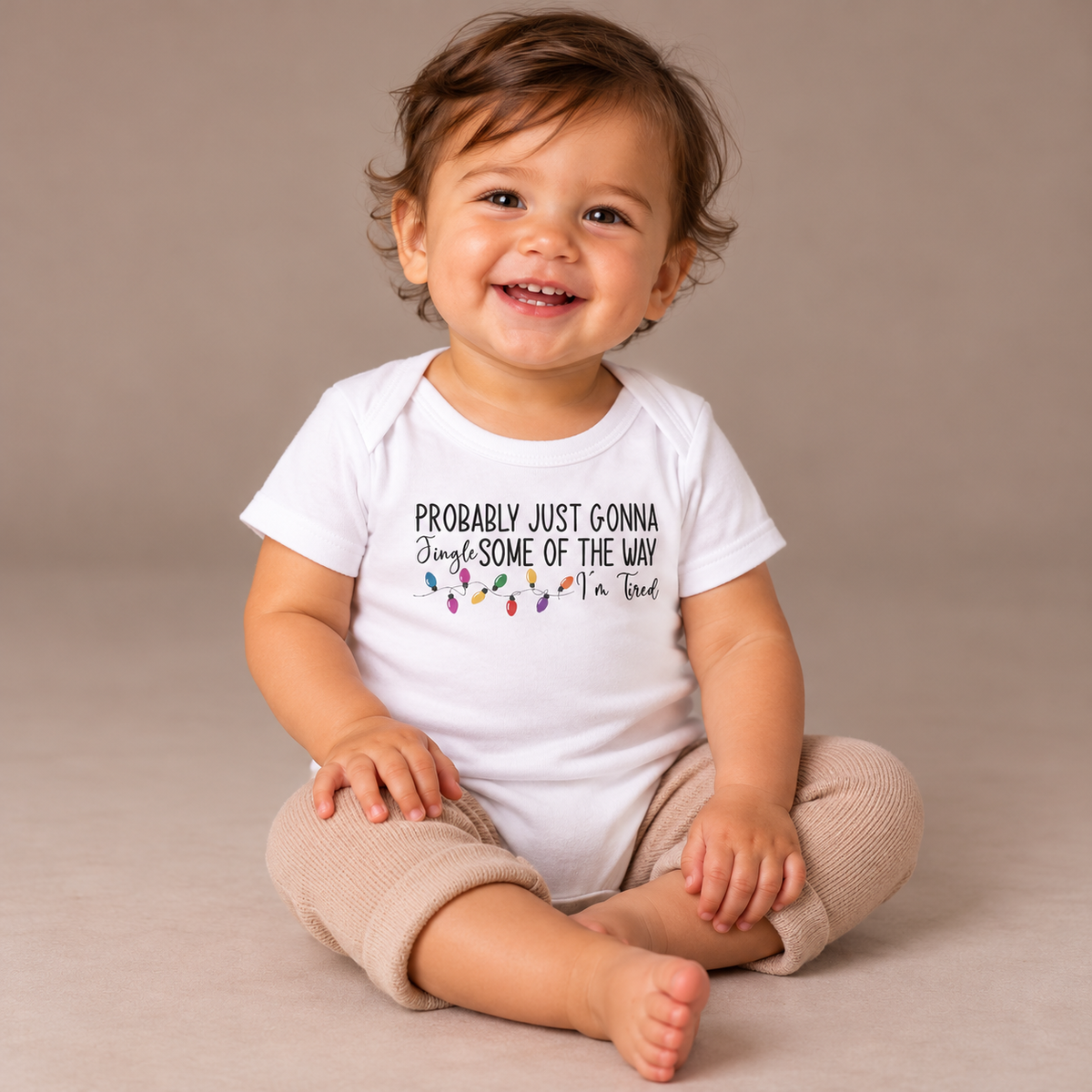 Baby wearing the White Jingle Some Of The Way Funny Christmas Baby Bodysuit