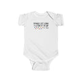 White Jingle Some Of The Way baby bodysuit with Christmas lights and a tired holiday slogan, front view