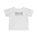 White Jingle Some Of The Way baby t-shirt with Christmas lights and a tired holiday slogan, front view