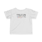 White Jingle Some Of The Way baby t-shirt with Christmas lights and a tired holiday slogan, front view