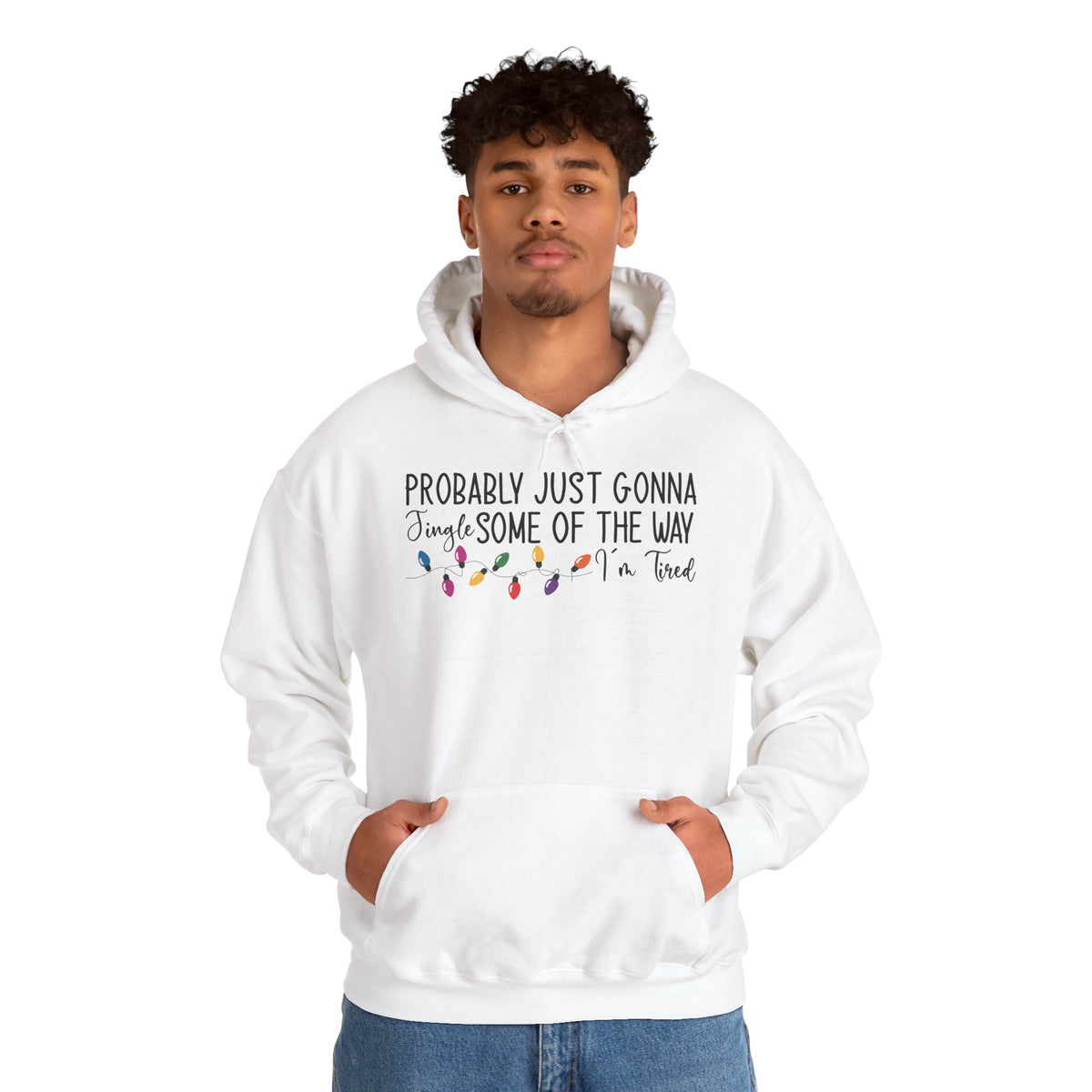 Man wearing the White Jingle Some Of The Way Funny Christmas Hoodie