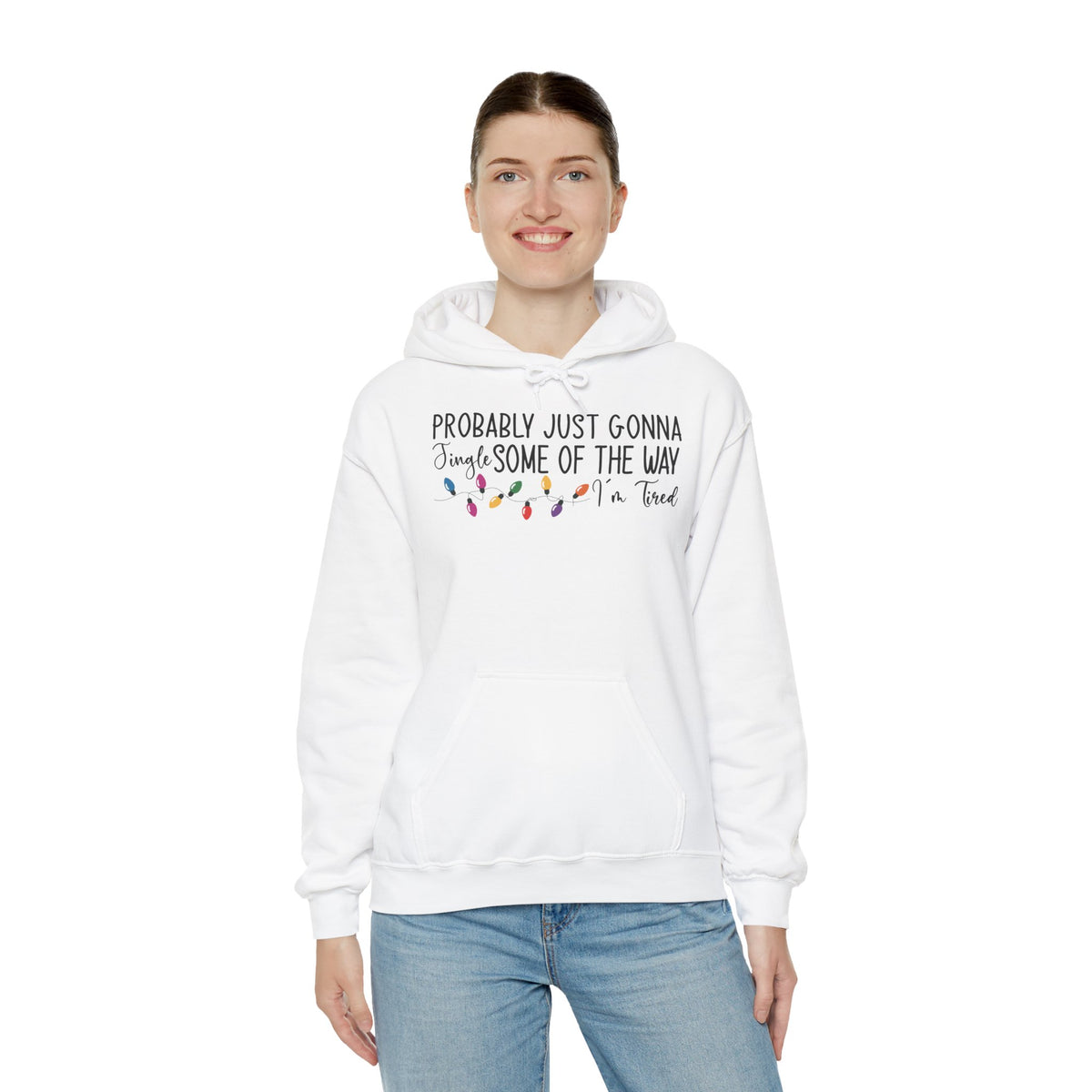 Woman wearing the White Jingle Some Of The Way Funny Christmas Hoodie