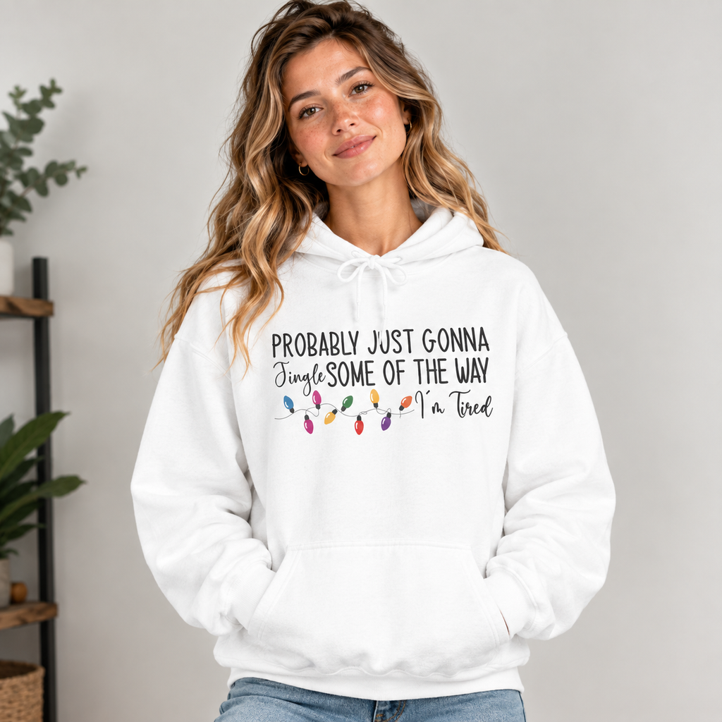 Woman wearing the White Jingle Some Of The Way Funny Christmas Hoodie with jeans