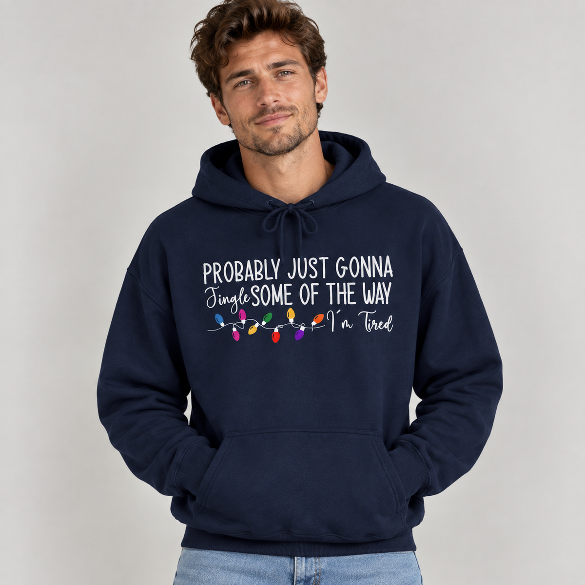Man wearing the Navy Jingle Some Of The Way Funny Christmas Hoodie with jeans