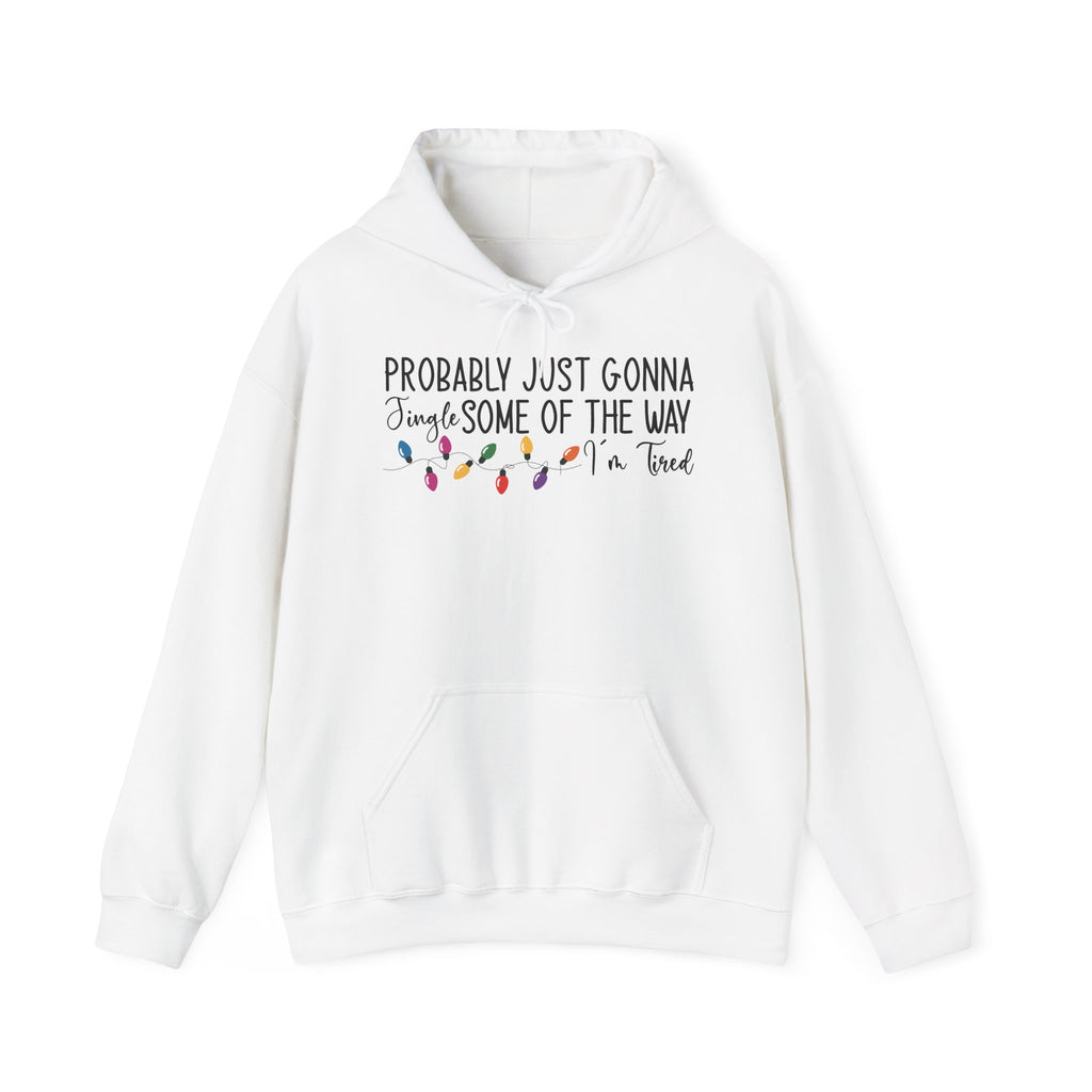 White Jingle Some Of The Way hoodie with Christmas lights and a tired holiday slogan, front view
