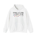 White Jingle Some Of The Way hoodie with Christmas lights and a tired holiday slogan, front view