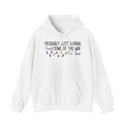 White Jingle Some Of The Way hoodie with Christmas lights and a tired holiday slogan, front view