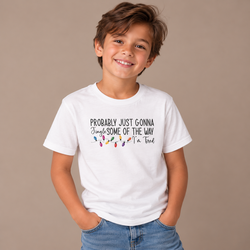 Boy wearing the White Jingle Some Of The Way Funny Christmas Kids T-Shirt