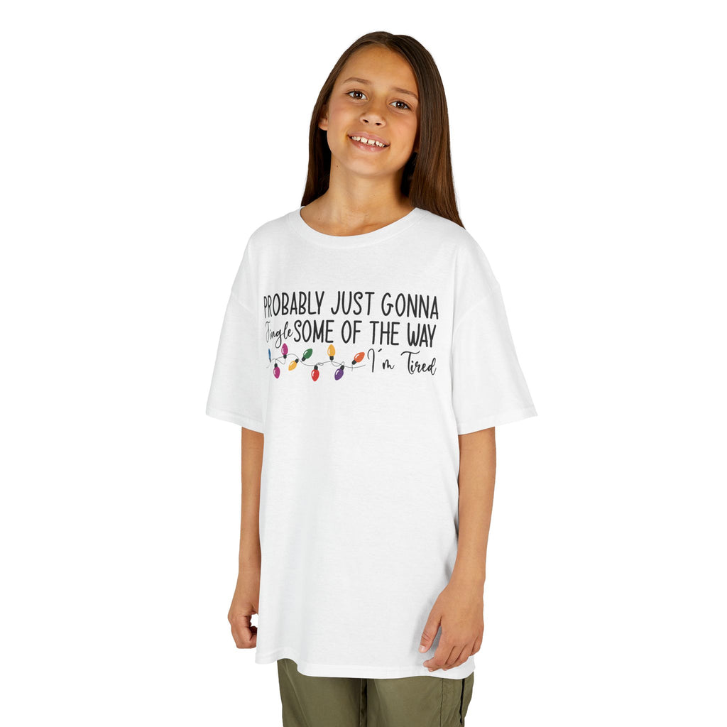 Girl wearing the White Jingle Some Of The Way Funny Christmas Kids T-Shirt