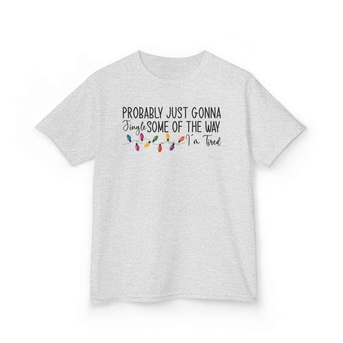 Ash Jingle Some Of The Way kids t-shirt with Christmas lights and a tired holiday slogan, front view
