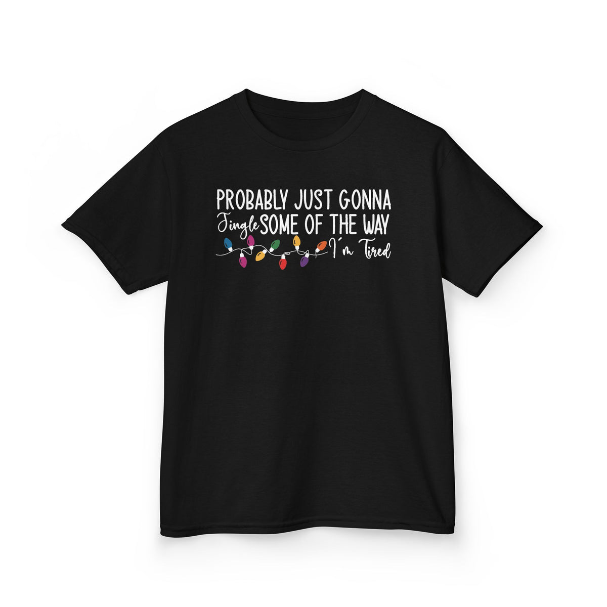 Black Jingle Some Of The Way kids t-shirt with Christmas lights and a tired holiday slogan, front view