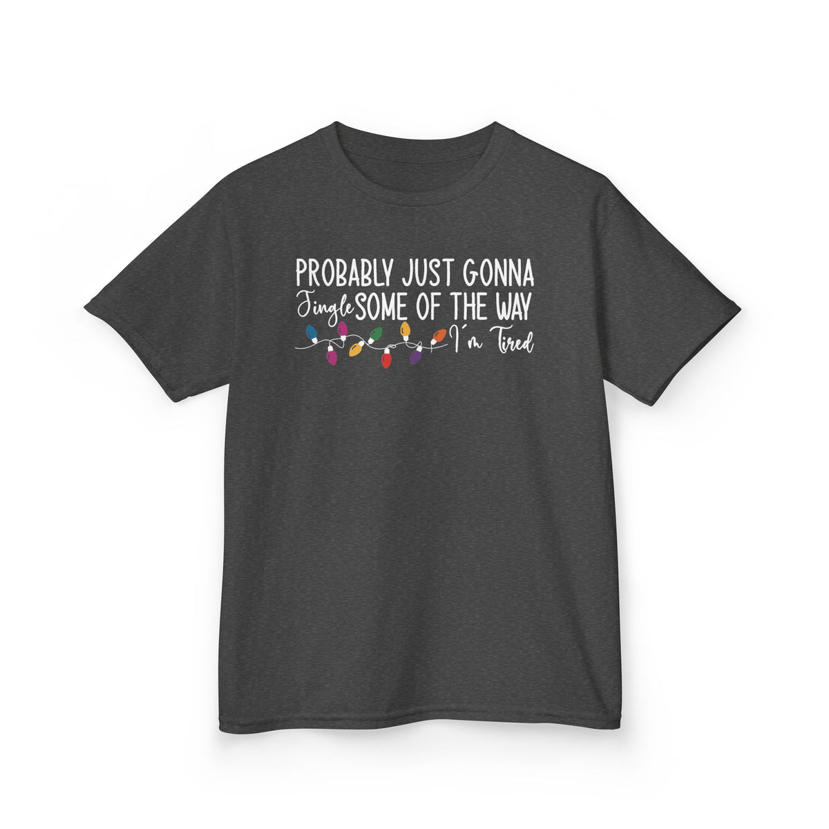 Dark Heather Jingle Some Of The Way kids t-shirt with Christmas lights and a tired holiday slogan, front view