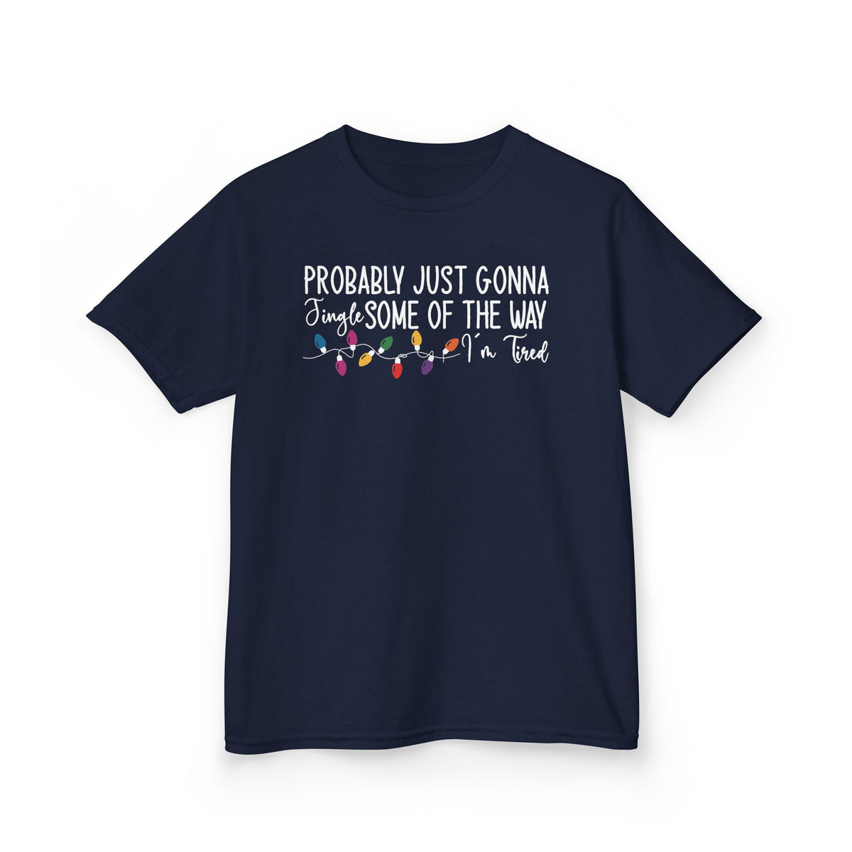 Navy Jingle Some Of The Way kids t-shirt with Christmas lights and a tired holiday slogan, front view