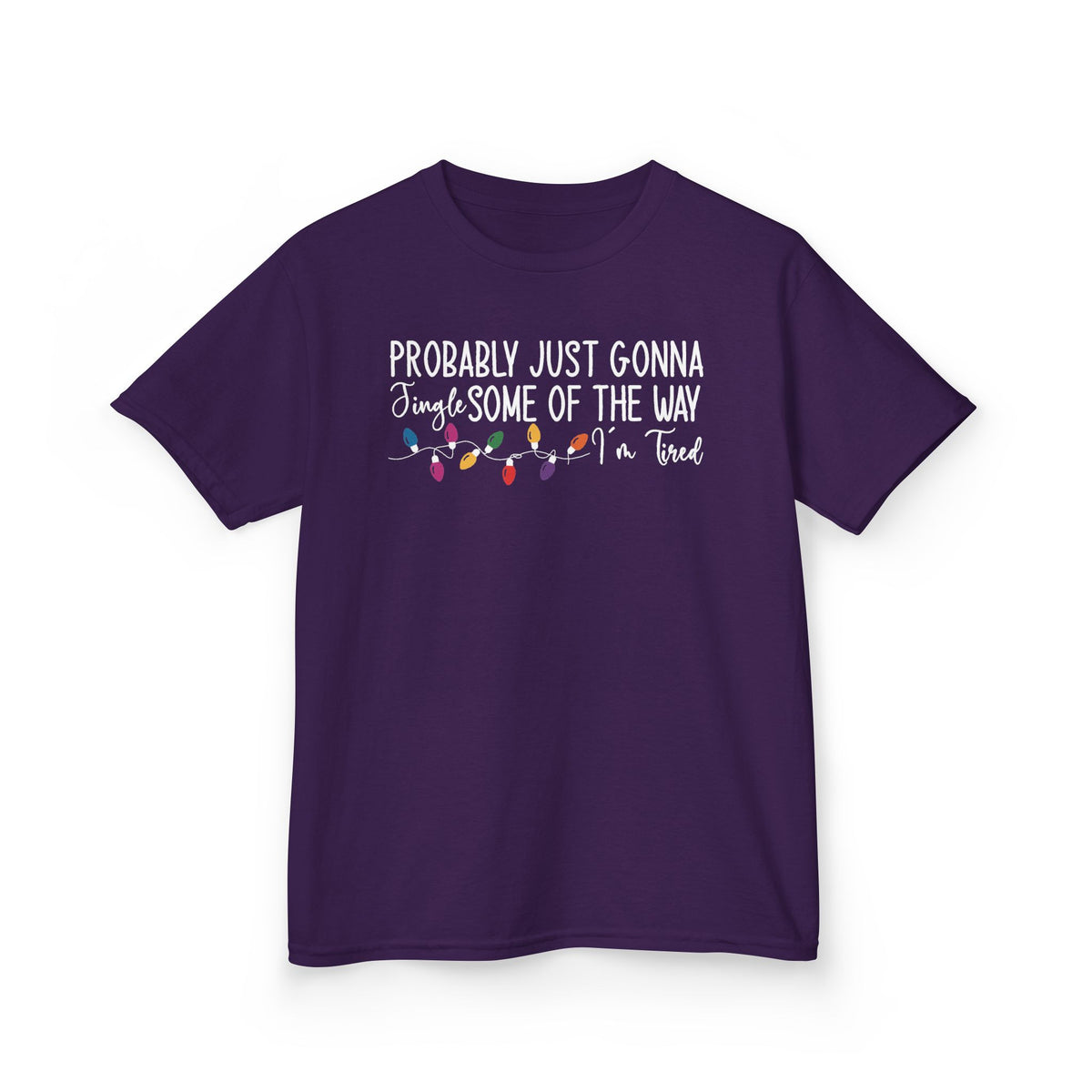 Purple Jingle Some Of The Way kids t-shirt with Christmas lights and a tired holiday slogan, front view