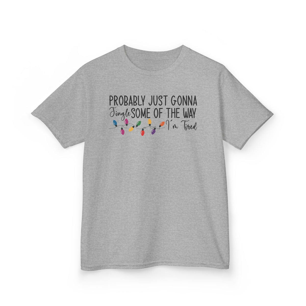 Sport Grey Jingle Some Of The Way kids t-shirt with Christmas lights and a tired holiday slogan, front view