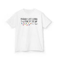 White Jingle Some Of The Way kids t-shirt with Christmas lights and a tired holiday slogan, front view