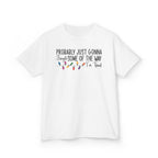 White Jingle Some Of The Way kids t-shirt with Christmas lights and a tired holiday slogan, front view
