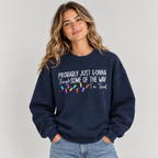 Woman wearing the Navy Jingle Some Of The Way Funny Christmas Sweatshirt with jeans