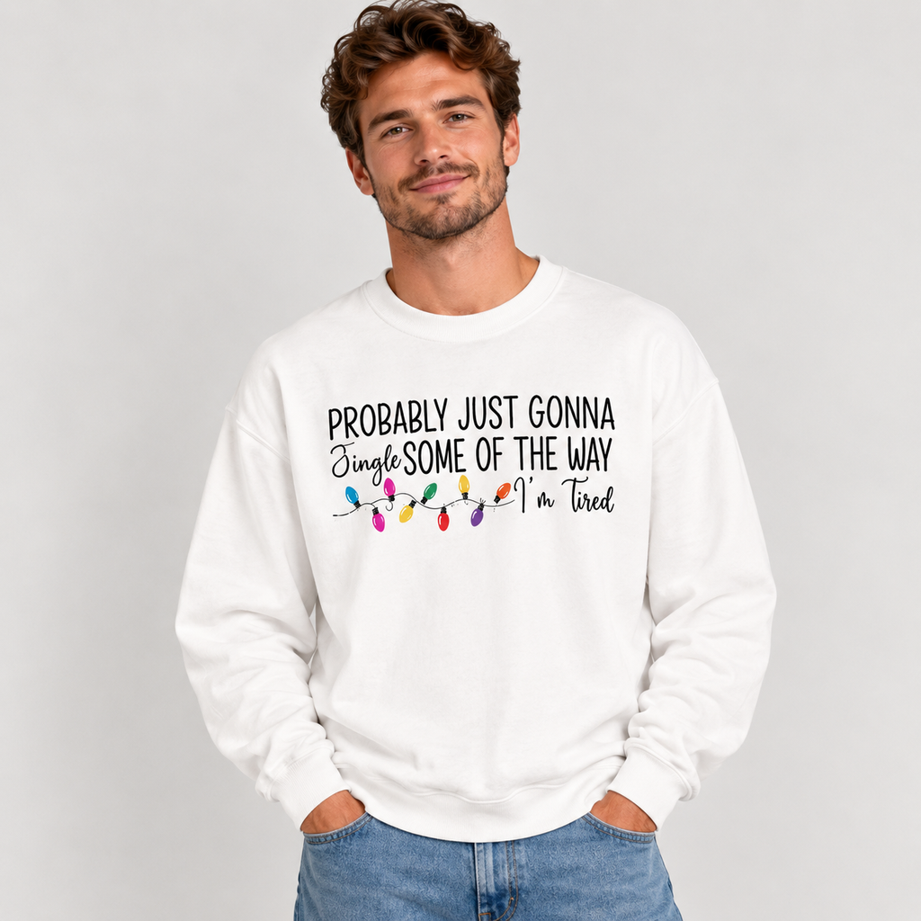 Man wearing the White Jingle Some Of The Way Funny Christmas Sweatshirt with jeans