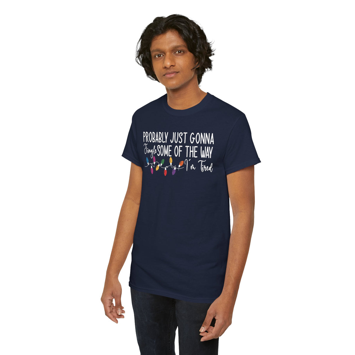 Man wearing the Navy Jingle Some Of The Way Funny Christmas T-Shirt